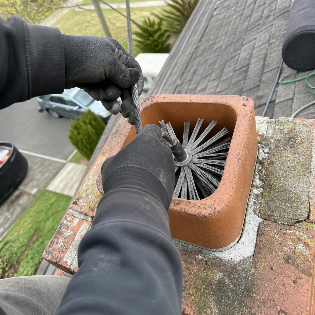 Professional chimney sweep cleaning a brick chimney flue from the roof.