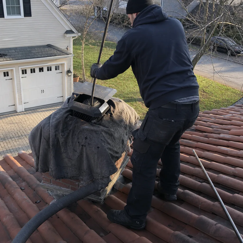 Professional chimney sweep cleaning a residential chimney on a tiled roof.