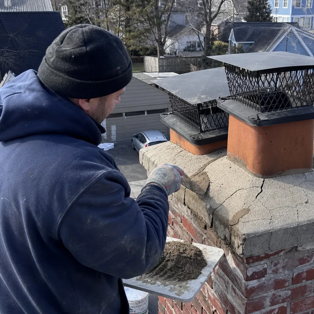 Professional contractor applying mortar repair to a damaged brick chimney crown