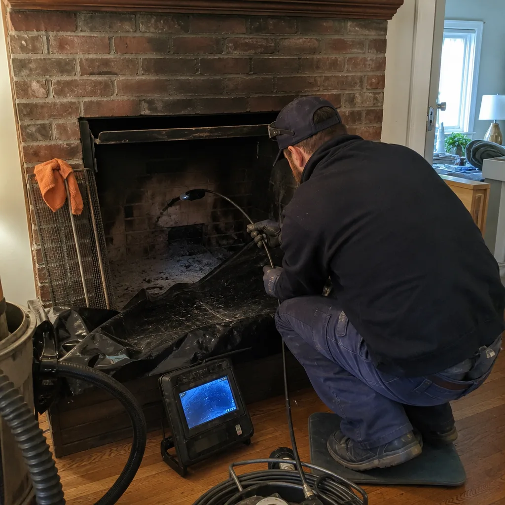 Technician performing a professional fireplace and chimney video inspection.