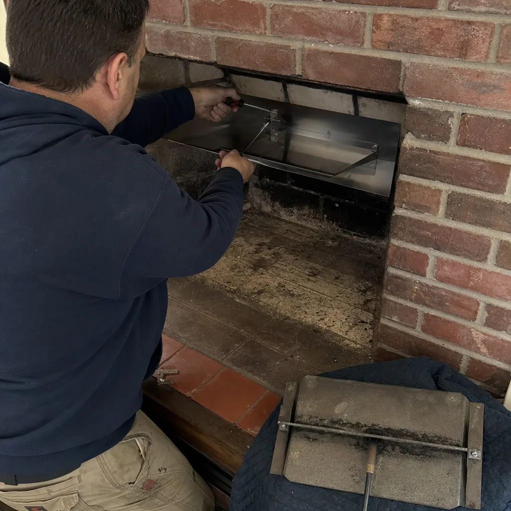 Technician installing a stainless steel fireplace damper into a brick chimney